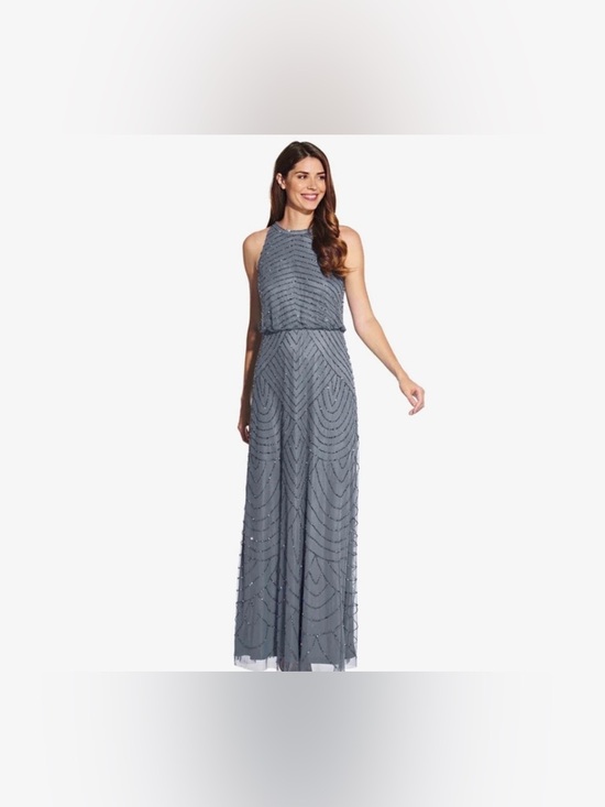 Adrianna Papell Slate Blue Beaded Halter Gown Size 0P NWT Formal Maxi Dress GALA Adrianna Papell Slate Blue Beaded Halter Gown Size 0P NWT Formal Maxi Dress GALA
